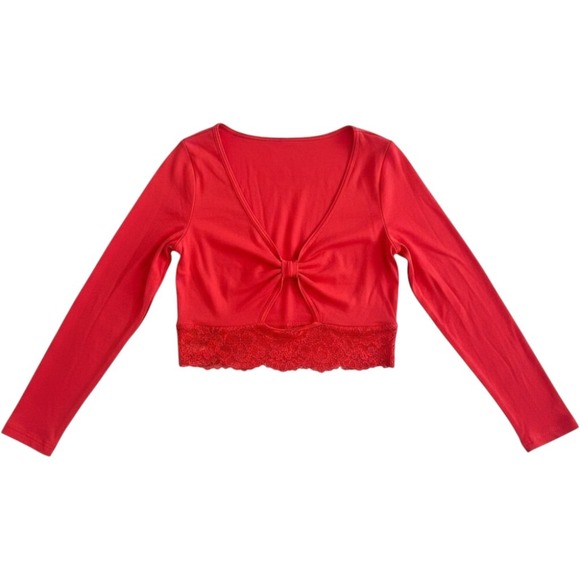 Anthropologie Tops - Anthropologie Knotted Lace Hem Crop Top Womens S/M Red Long Sleeve V-Neck NEW